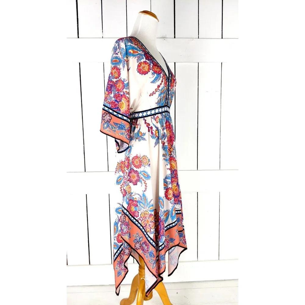 Y2K floral handkerchief hem midi wide sleeve kimono dress - Picture 4 of 6